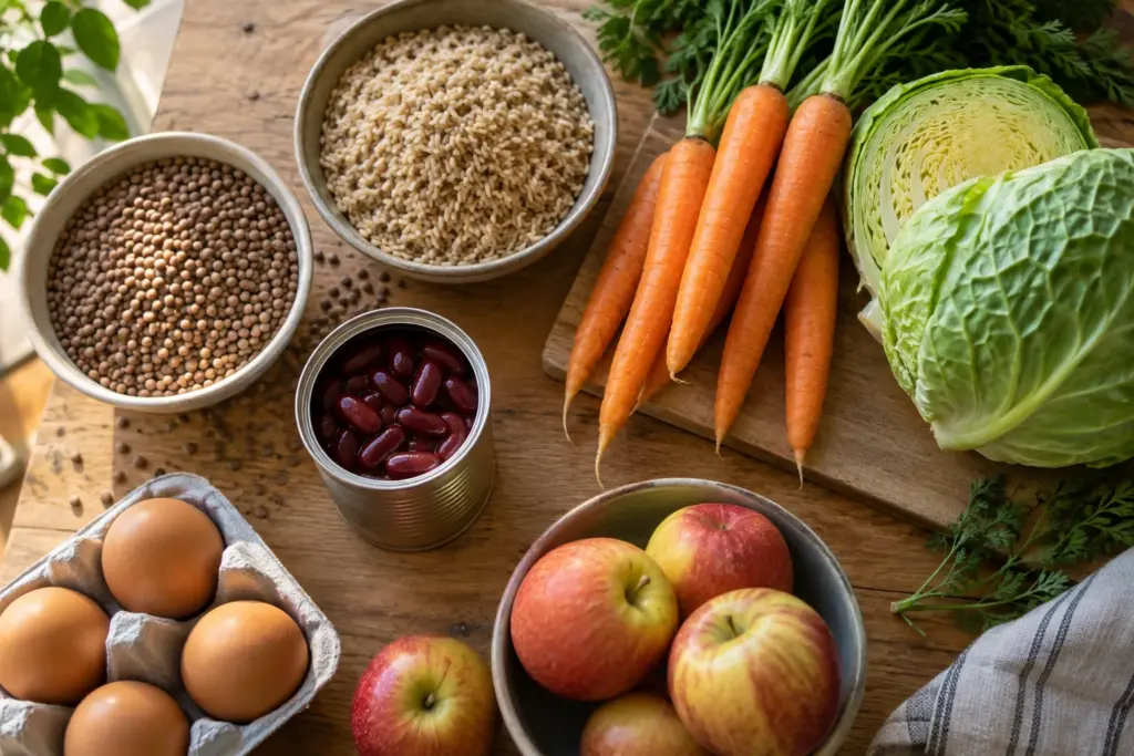 Lentils, rice, eggs, carrots and other affordable balanced-meal ingredients