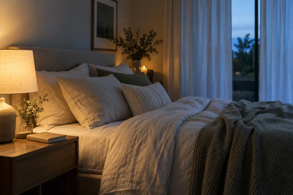 Quiet bedroom with a warm bedside lamp and evening light