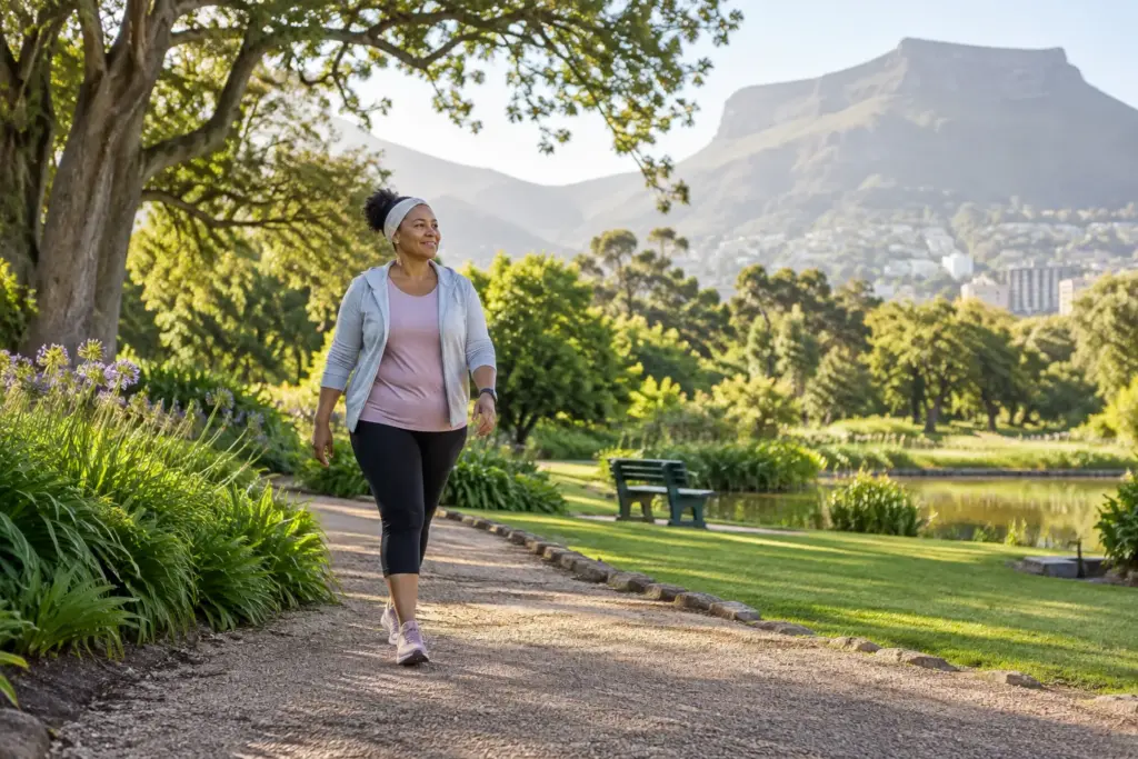Woman walking along a green park path in morning light
