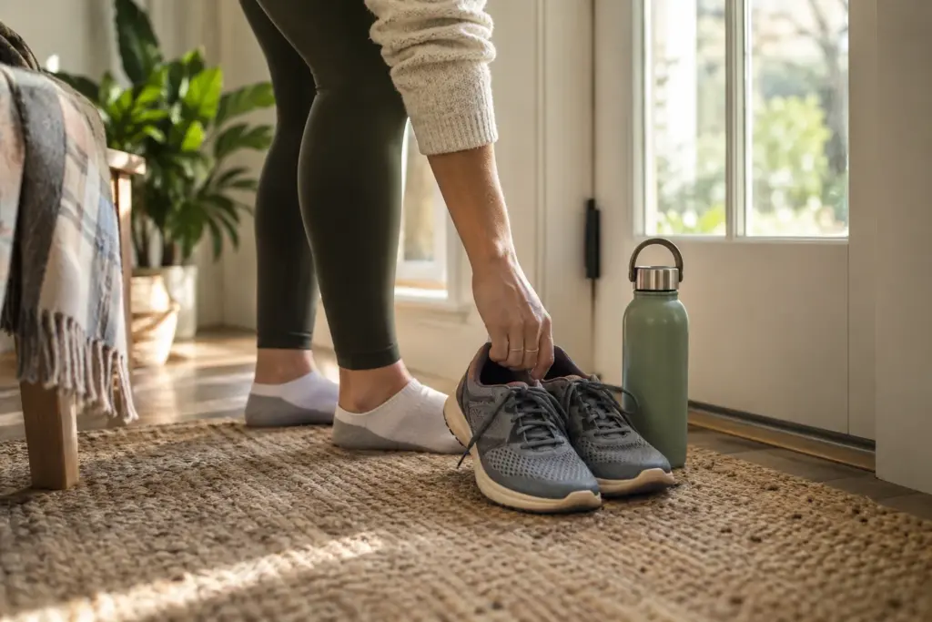 Walking shoes and a water bottle being prepared by the front door