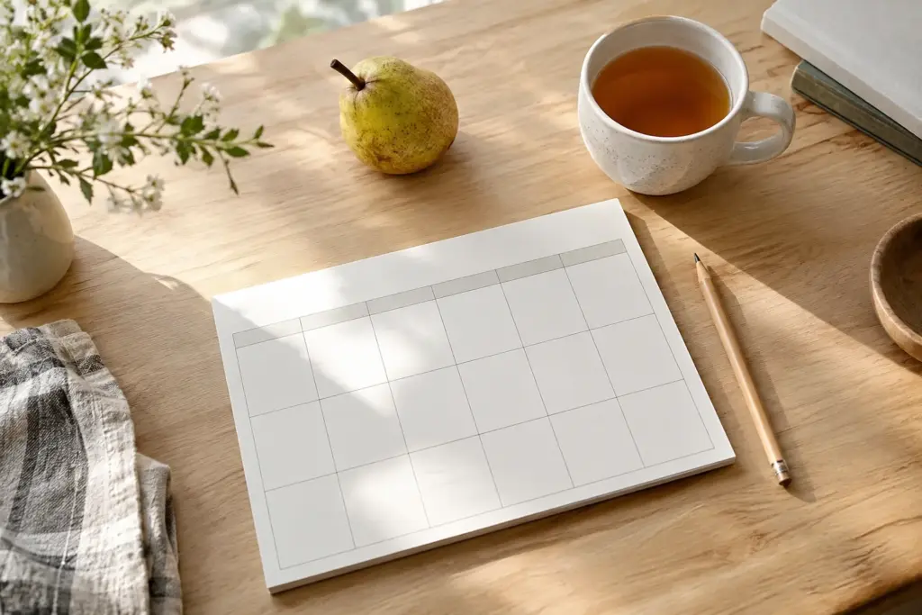 Weekly planner, pencil, tea and a pear on a wooden desk