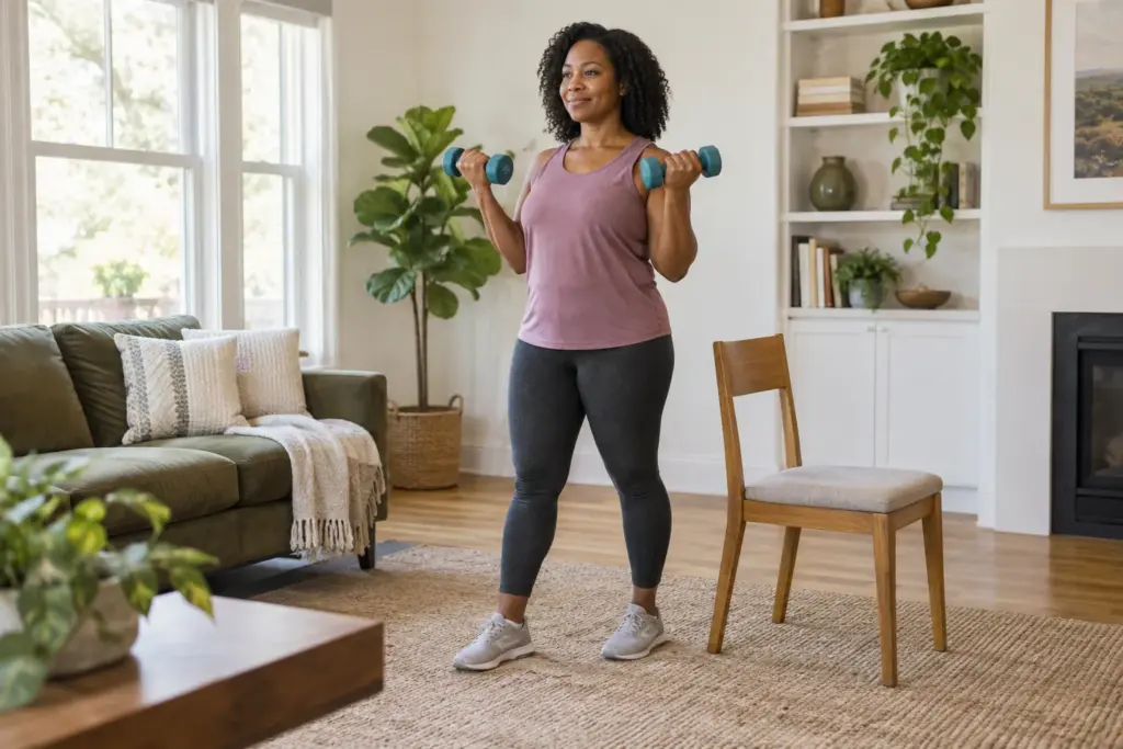 Woman practising a beginner dumbbell exercise beside a stable chair