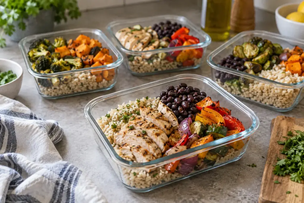 Glass meal-prep containers filled with grains, vegetables and protein