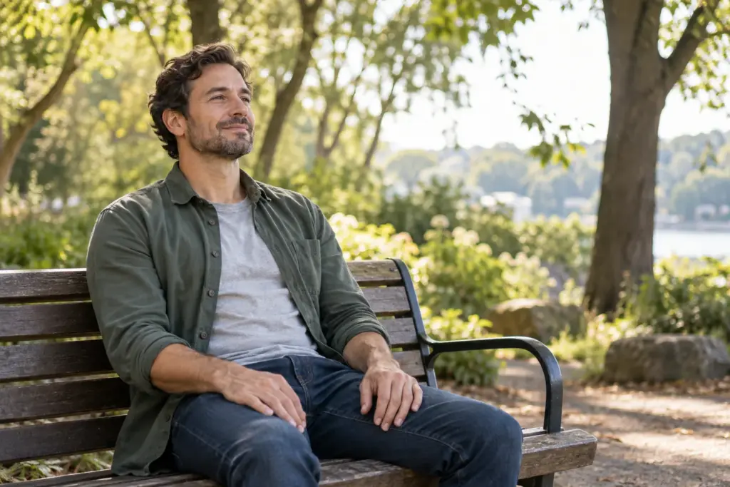 Man taking a calm seated break on a park bench