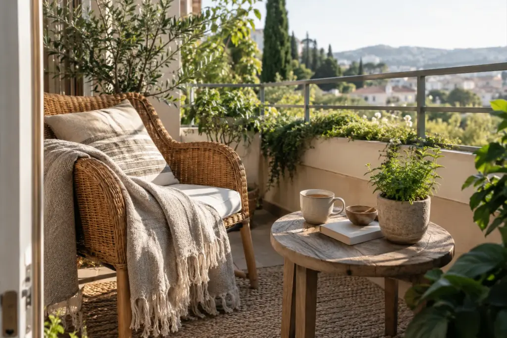 Quiet balcony with a woven chair, tea and a potted plant