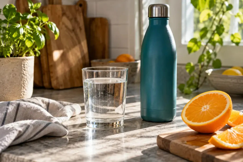 Glass of water, reusable bottle and sliced orange in sunlight