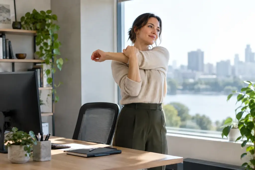 Office worker taking a standing shoulder-stretch break beside her desk