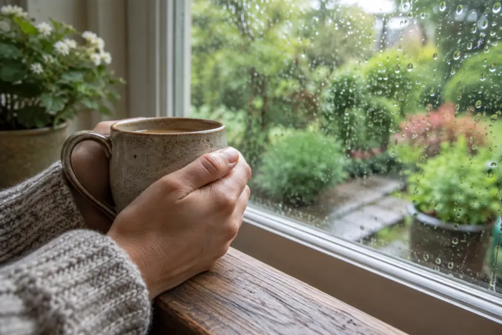 Hands holding a warm mug beside a rainy window
