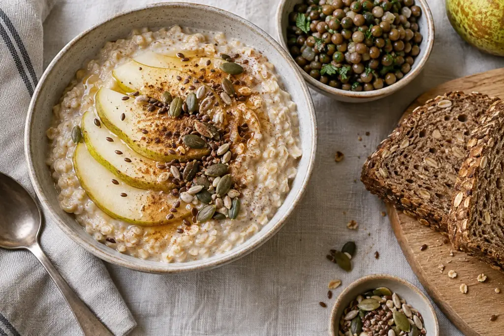 Porridge with pear and seeds beside lentils and wholegrain bread