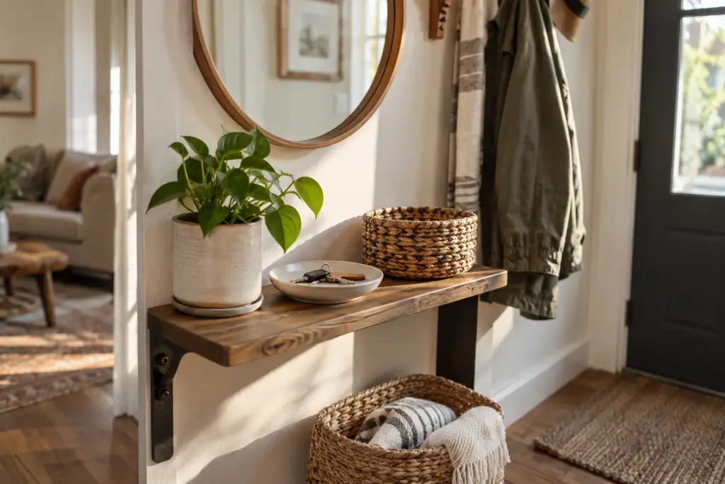 Tidy entryway shelf with a key dish, plant and woven basket