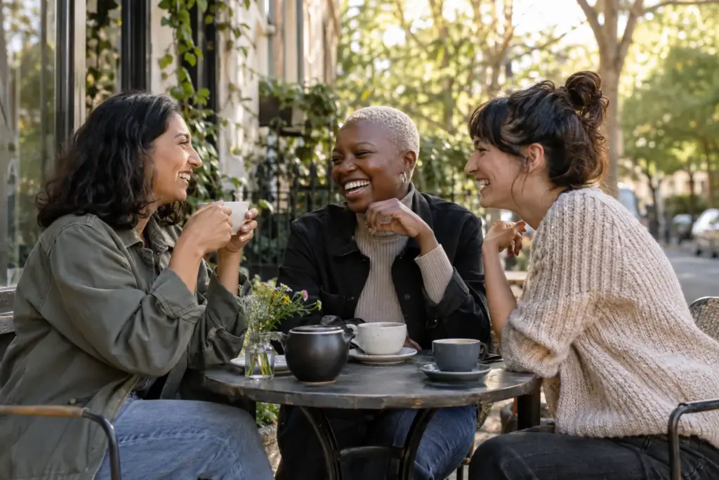Friends sharing a relaxed conversation at an outdoor cafe