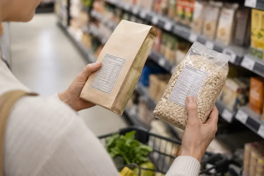 Hands comparing food packages with nutrition labels in a grocery aisle