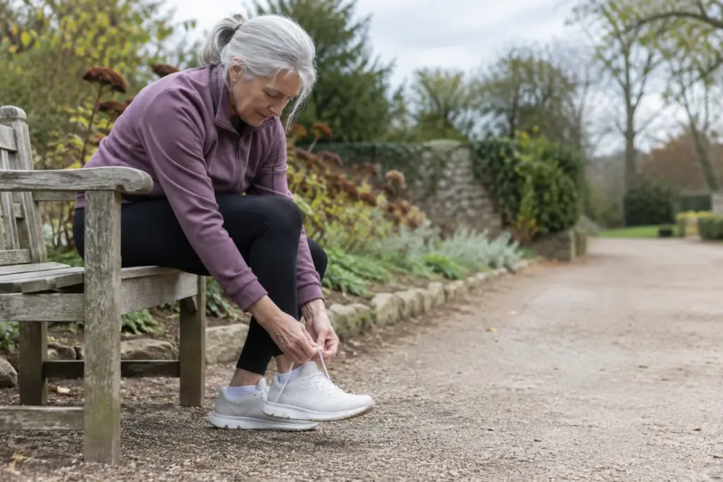 Older adult tying trainers before a gentle outdoor walk