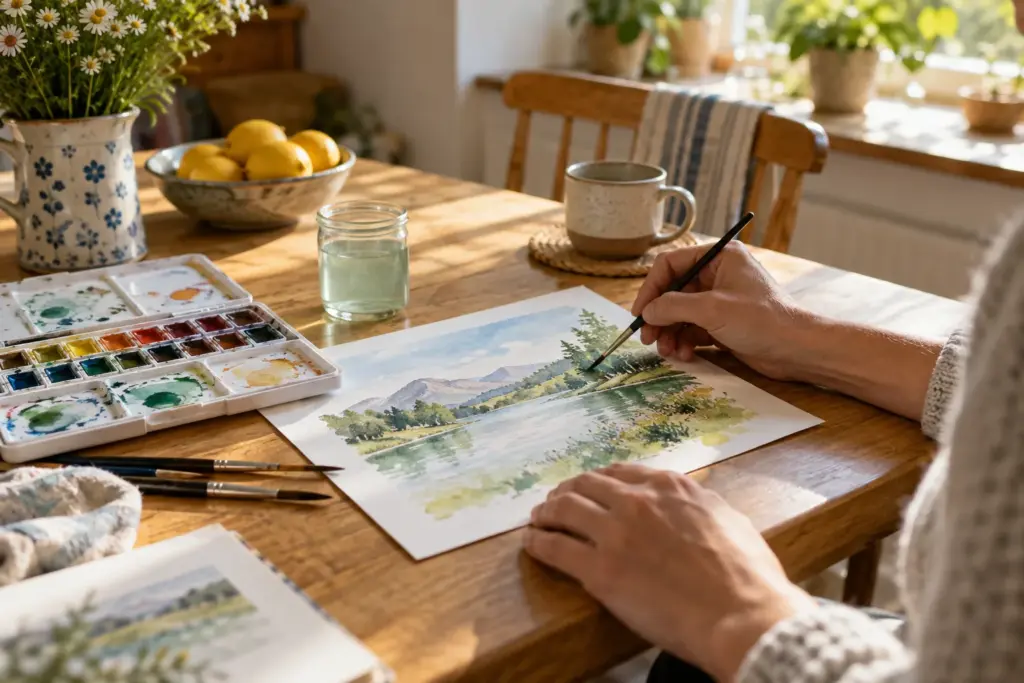 Hands painting a watercolour landscape at a kitchen table