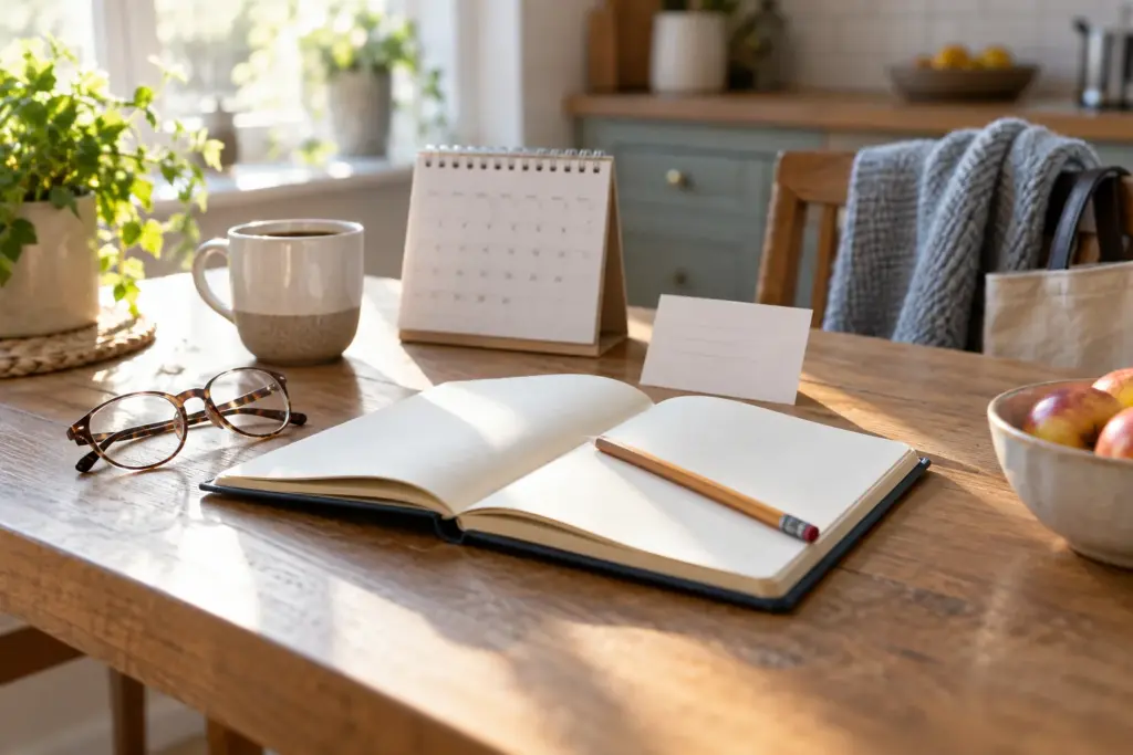 Notebook, pencil, glasses and calendar ready for appointment planning