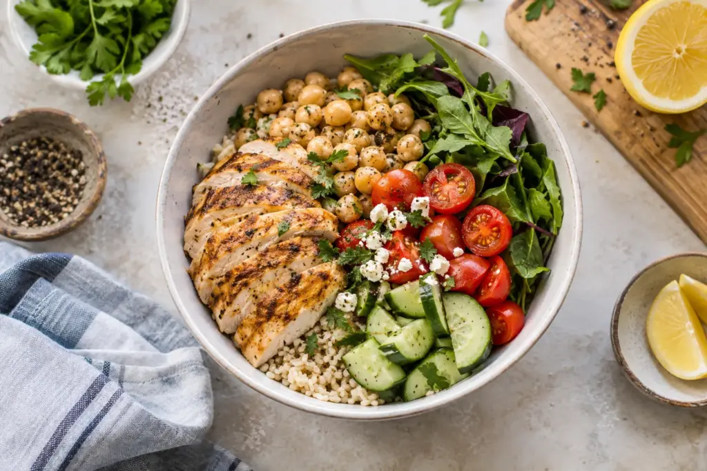 Balanced lunch bowl with chicken, chickpeas, rice and vegetables