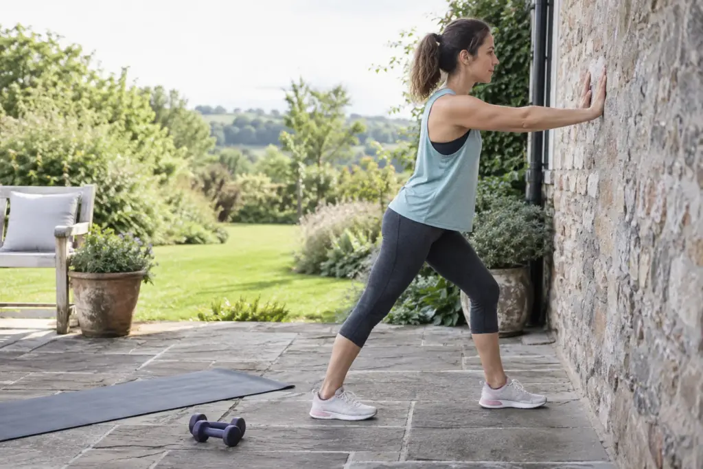 Woman doing a gentle calf stretch beside a garden wall