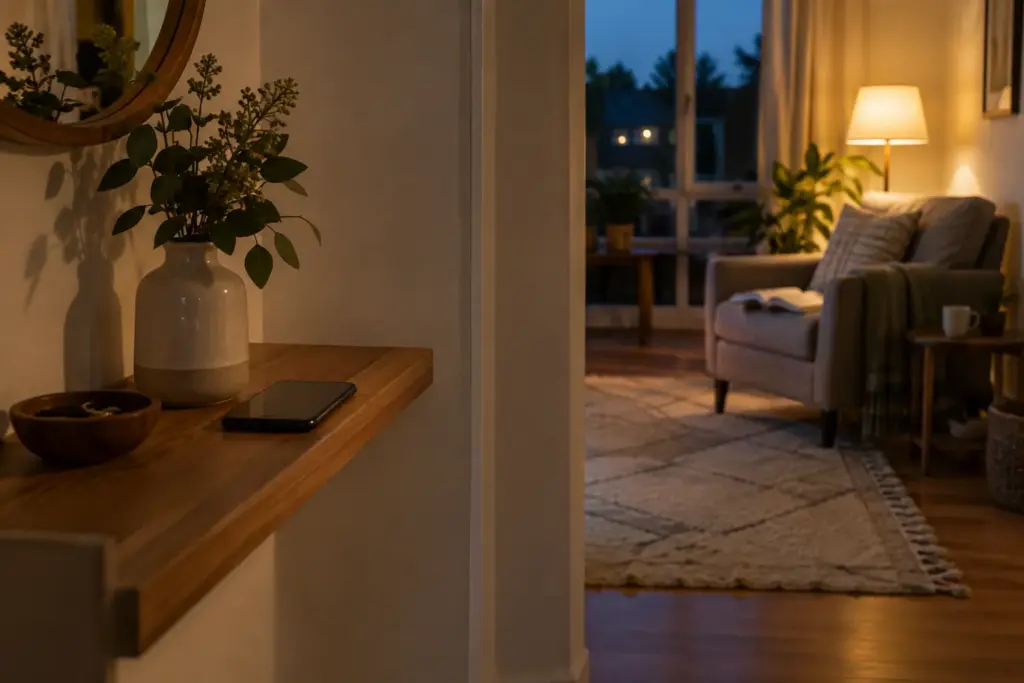 Phone left on a shelf away from a warmly lit evening reading space