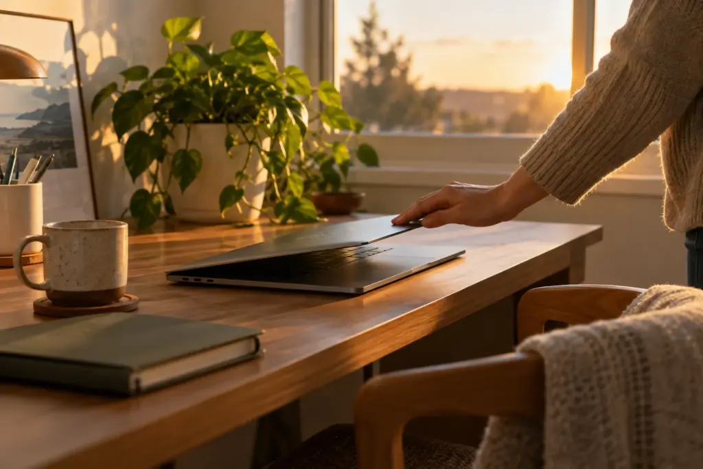 Closing a laptop at the end of a work-from-home day