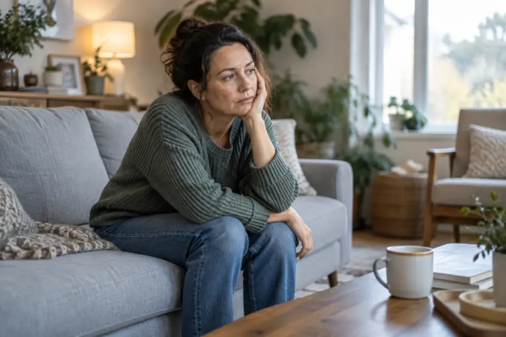 Thoughtful tired adult resting on a sofa in a quiet living room